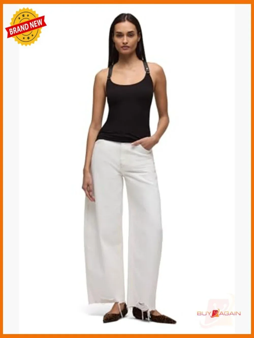 Fitted Rib Knit Tank Top with Faux Leather Straps, Snap Closure